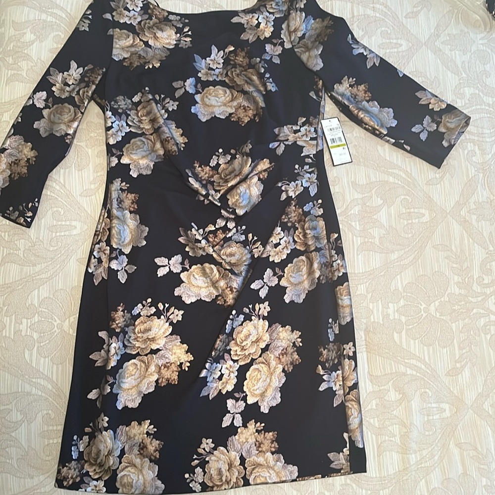 Jessica Howard Navy Silver and Gold Floral Midi Cocktail Evening Dress